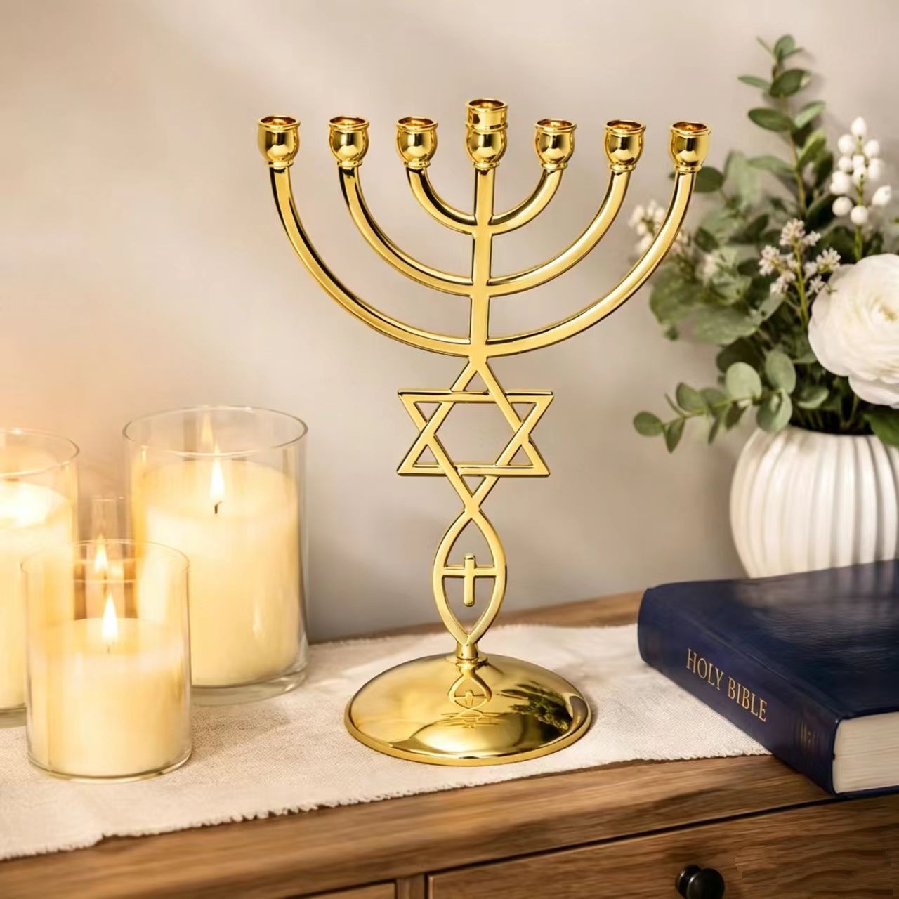 Home Decor Gift - Hanukkah Seven-Headed Candle Holder Set Star