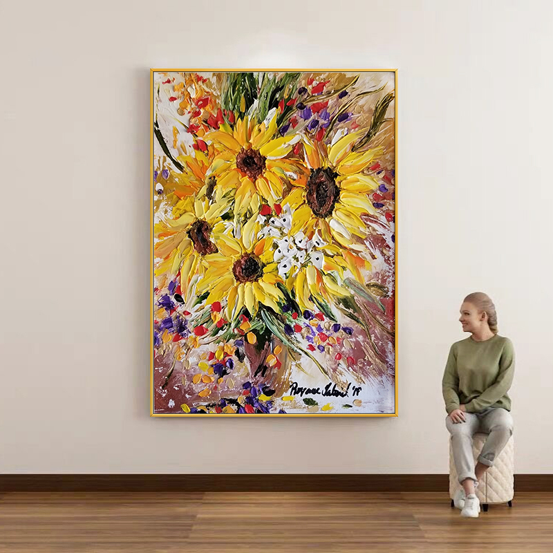 Home Decor Color Palettes - Vibrant 3D Impasto Sunflower Oil Painting,
