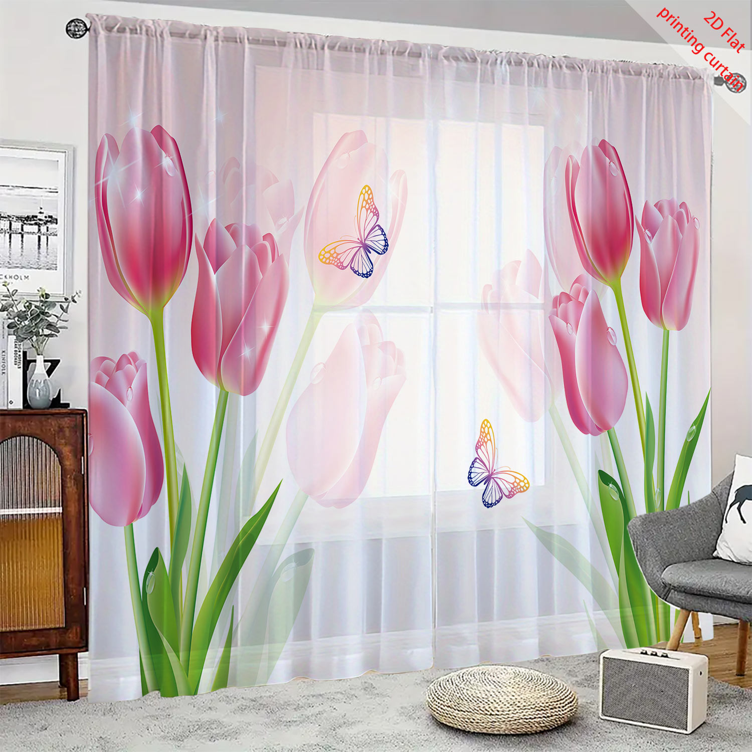 Home Decor Tulip - Pink tulip print transparent gauze curtain,