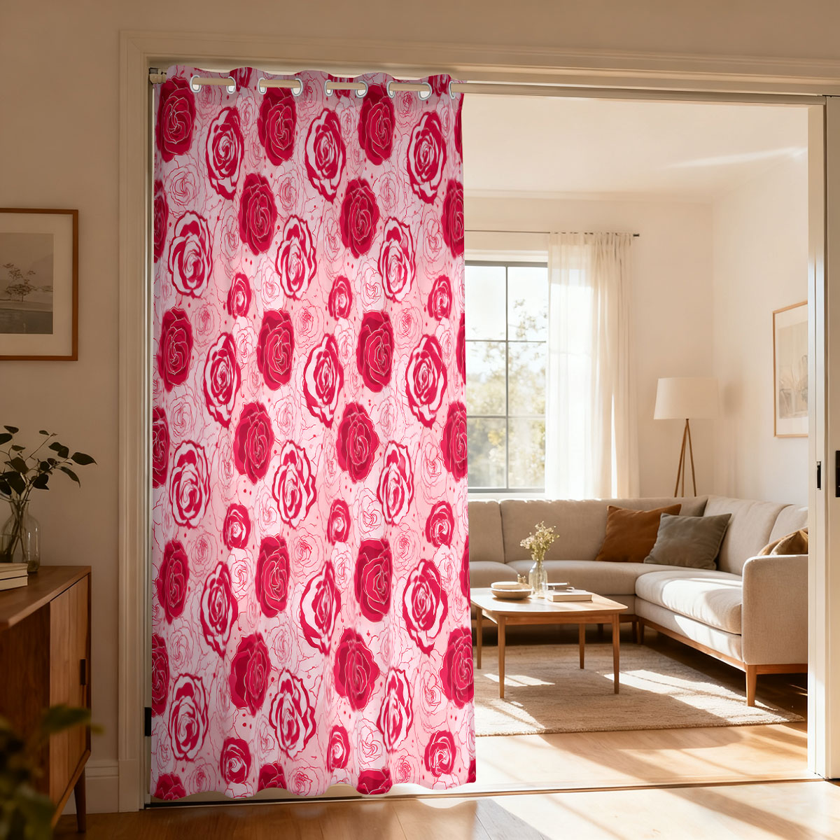 Home Decor Curtains - 1pc Light Green Base Pink Rose